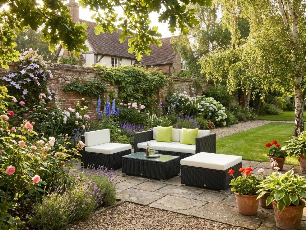 Black 4-Seater Rattan Sofa Set With Coffee Table and Cushion Pillows