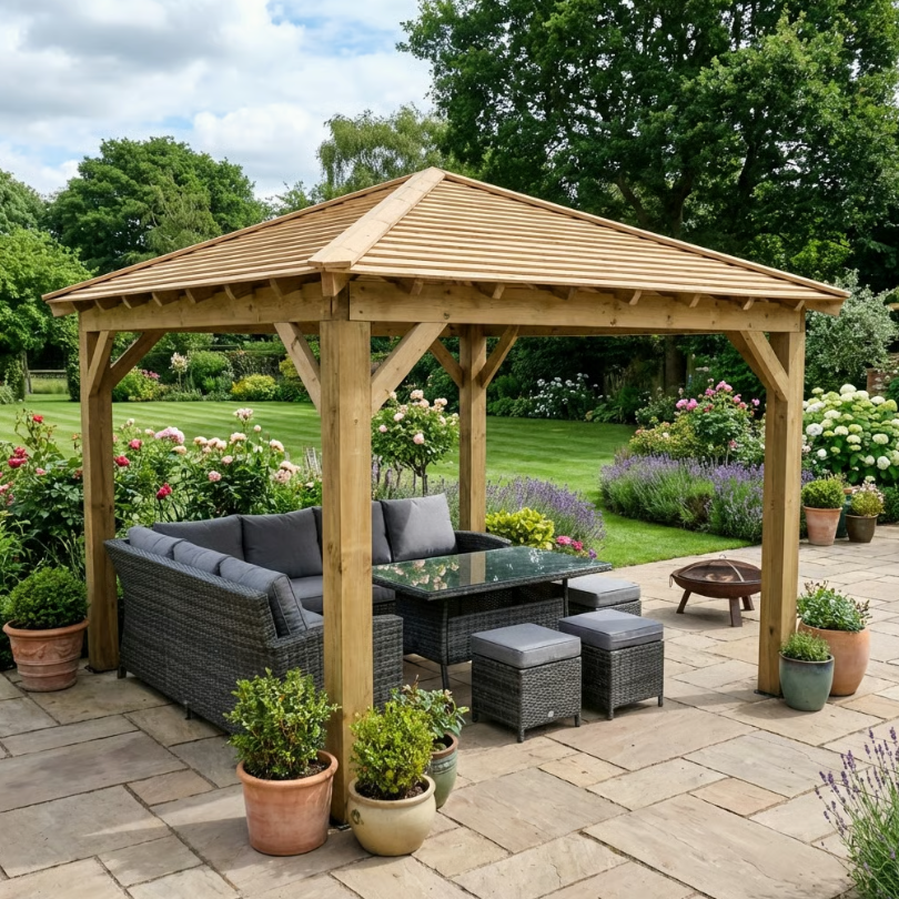 Ruby Wooden 4 Pitch Gazebo with Cedar Featheredge Roof – Classic Garden Shelter
