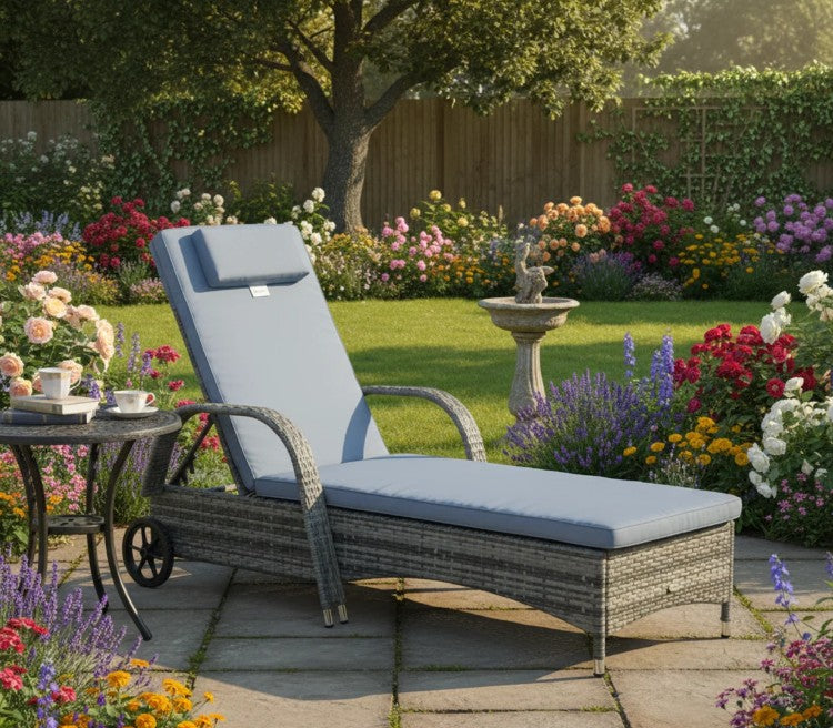 Grey Rattan Sun Lounger with Adjustable Headrest and Blue Cushion