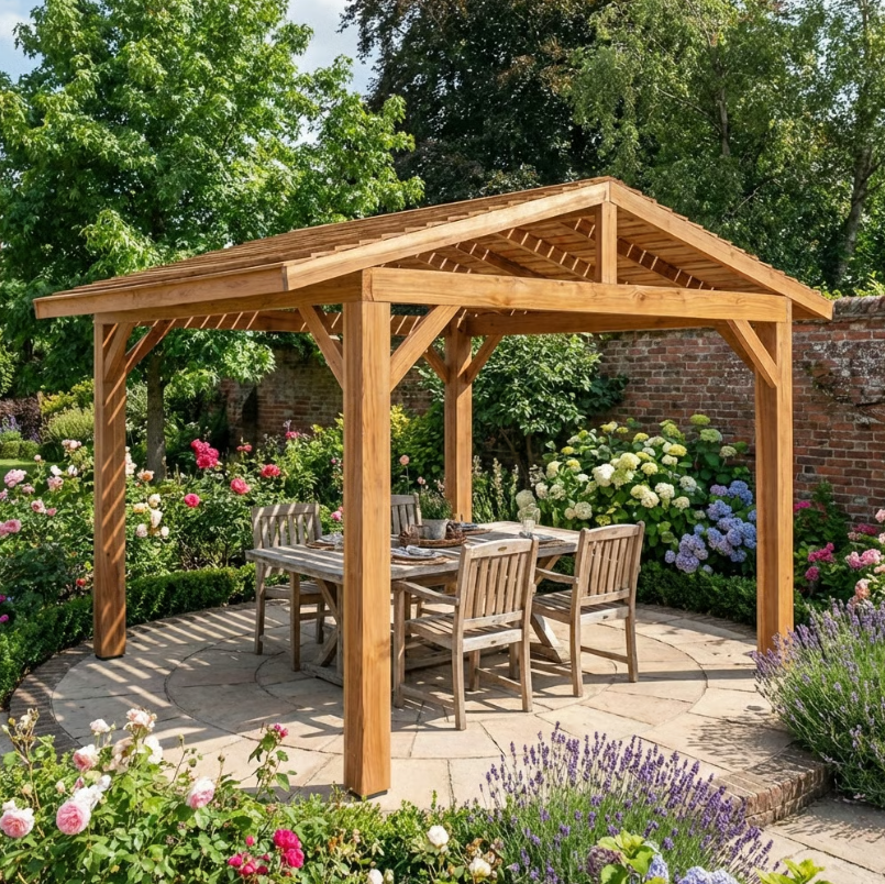 Ruby Planed Cedar Pergola with Cedar Featheredge Roof – No Overhang Design