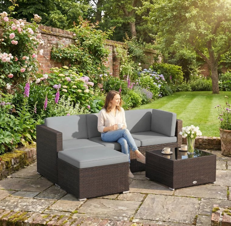 Light Grey 3-Piece Rattan Corner Lounge Set with Cushions – Compact Garden Conversation Sofa Suite