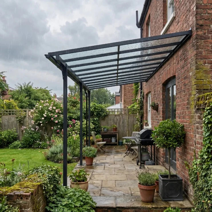 Aluminium Lean To Metal Pergola - 4.35m x 3m, PC Roof, Grey