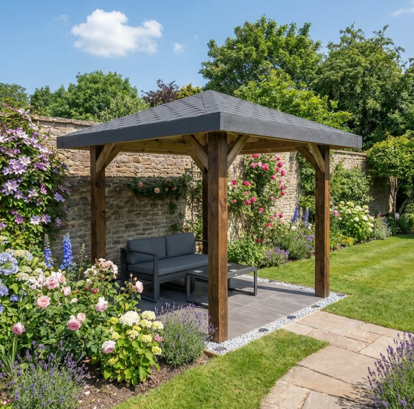 Ruby Wooden 4 Pitch Gazebo with Katepal Grey Shingle Roof - Premium Weatherproof Garden Gazebo