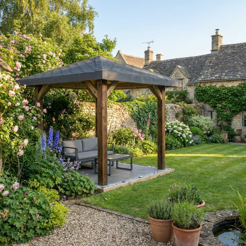 Ruby Wooden 4 Pitch Gazebo with Katepal Grey Shingle Roof - Premium Weatherproof Garden Gazebo