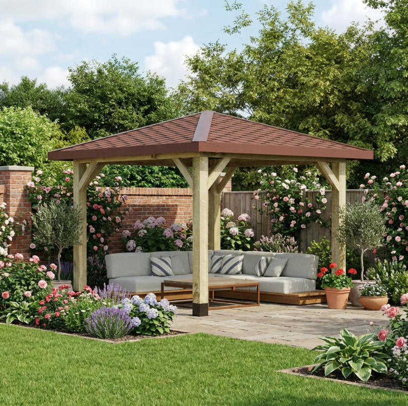 Ruby Wooden 4 Pitch Gazebo with Katepal Red Shingle Roof - Premium Garden Gazebo Structure