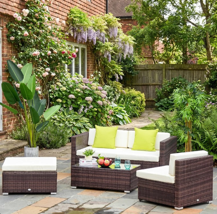 Brown L-Shaped 3 Seater Sofa With Beige Cushions and Glass Top Coffee Table
