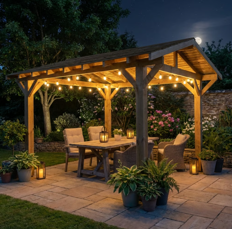 Ruby Wooden Apex Gazebo with Cedar Featheredge Roof – With Overhang Design
