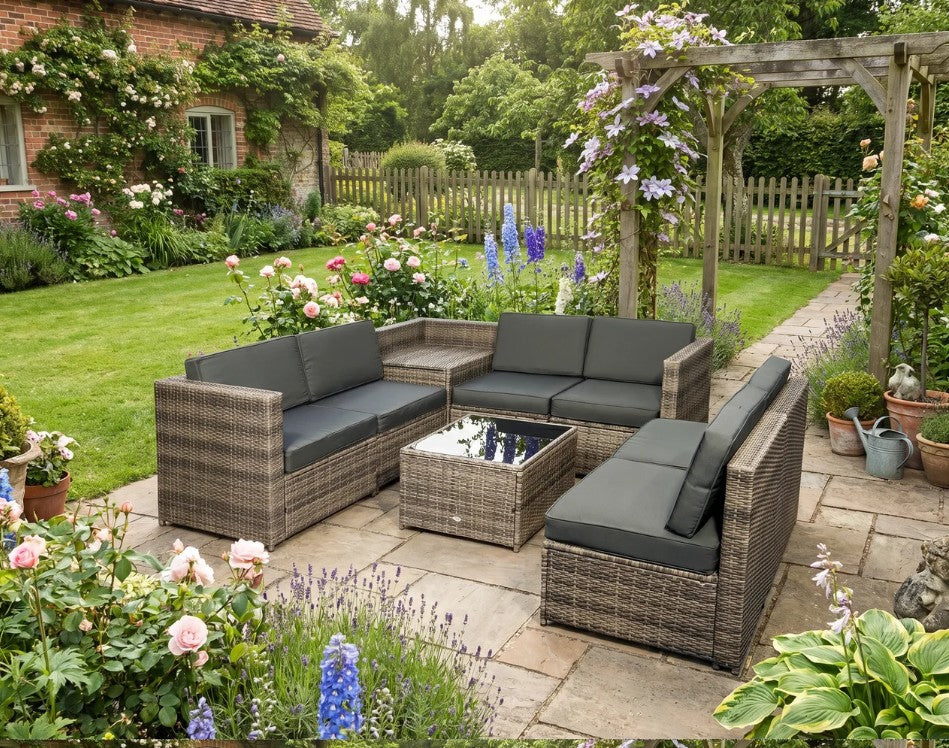 Brown 8 Piece Rattan Furniture Set with Cushions - x3 Two Seater Sofas With Table and Cushions