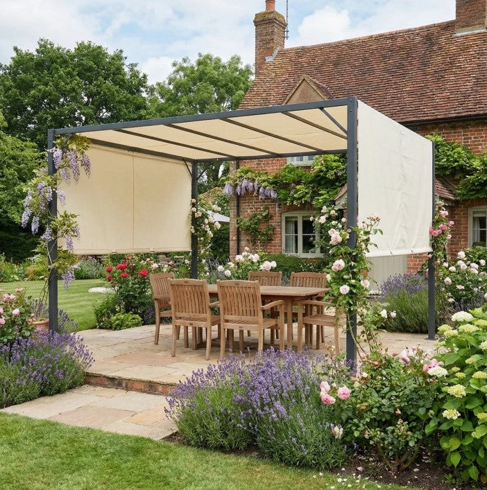 3x3m Metal Pergola with Sliding Canopy Roof – Heavy-Duty Garden Gazebo Party Tent Sun Shelter in Cream White & Black