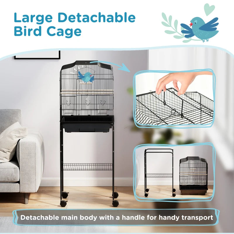 Bird Cage for Budgies Finches and Parakeets with Stand Wheels and Slide-out Tray Storage Shelf Black