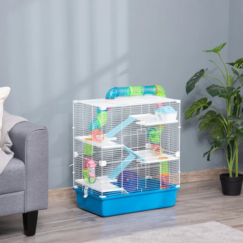 5-Tier Hamster Cage with Tube, Water Bottle, Exercise Wheel & Food Dish - Blue, 59L x 36W x 69H cm