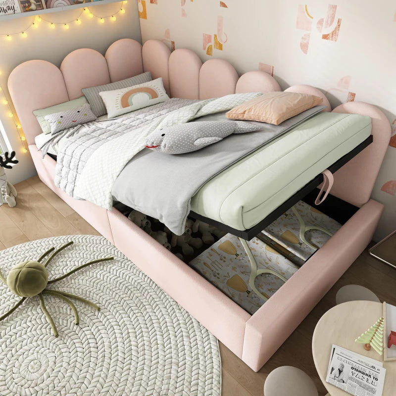 3FT Pink Upholstered Daybed with Hydraulic Storage & Metal Slatted Frame, Velvet Finish, Single Ottoman Bed, 200L x 97W x 76H cm