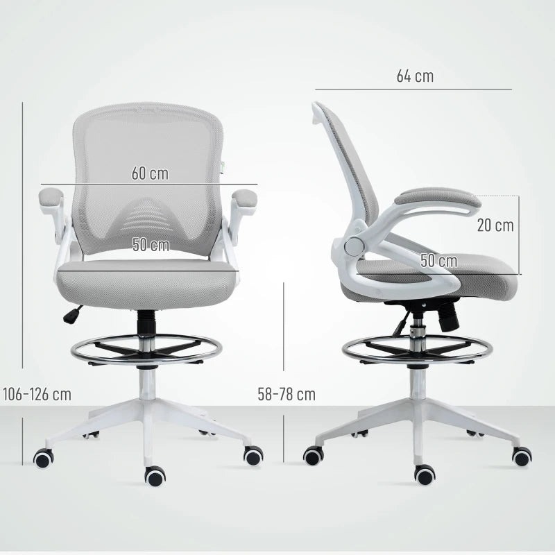 Vinsetto Height Adjustable Drafting Chair with Flip-up Armrest, Mesh Office Stool, 360° Swivel for Standing Desk - Light Grey