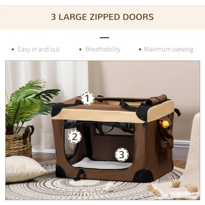 60cm Foldable Pet Carrier with Cushion for Mini Dogs & Cats - Stylish Brown Travel Bag