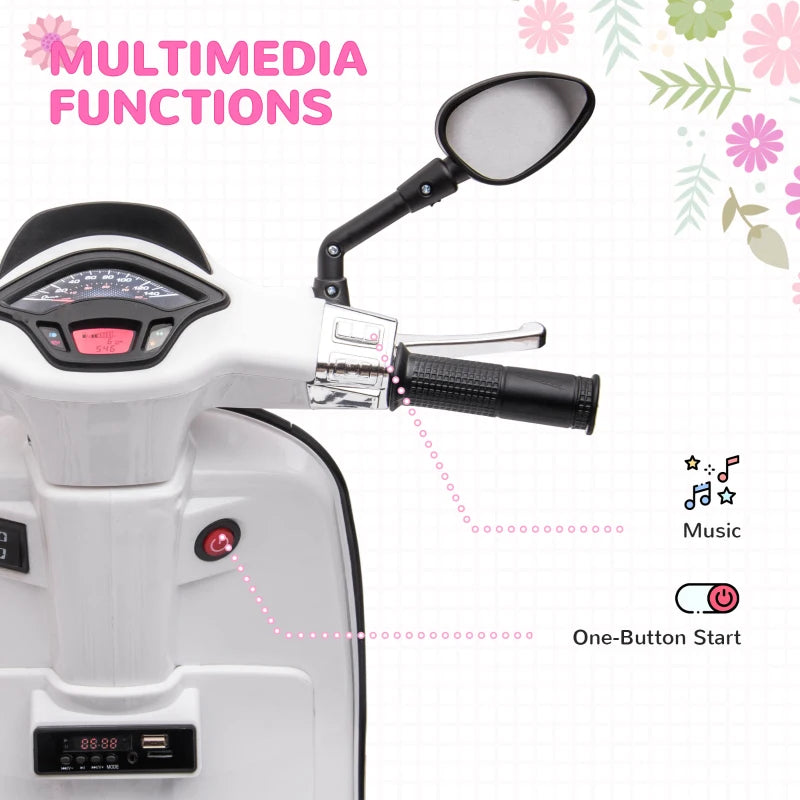 Licensed 12V Kids Electric Vespa Motorbike with Music Headlights FM Radio for Ages 3-6 White