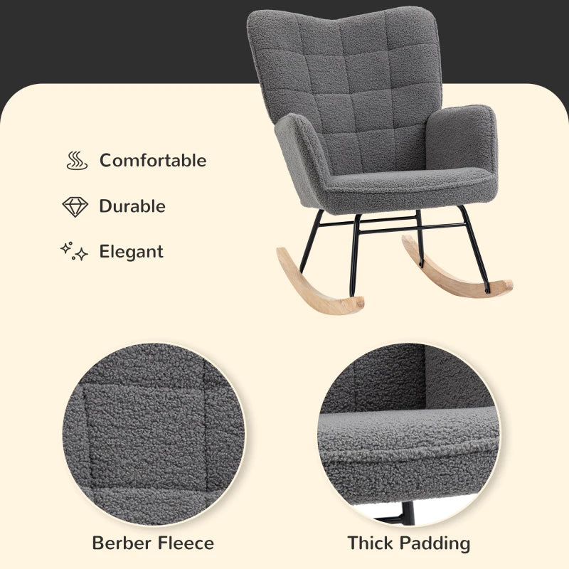 Berber Fleece Nursery Glider Rocker for Nursing, Wingback Rocking Chair in Dark Grey for Living Room