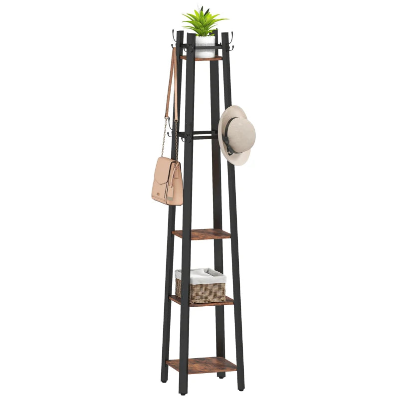 Industrial-Style Four Shelf Coat Stand - Rustic Brown and Black Entryway Organizer for Coats, Hats, and Accessories