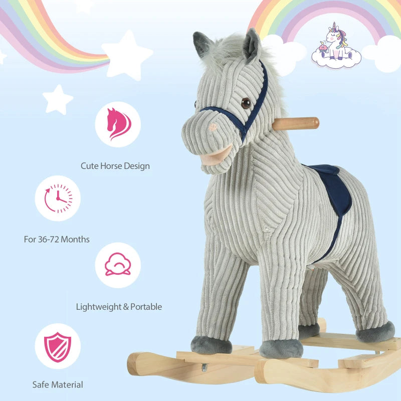 Kids Plush Rocking Horse with Sound - Soft Ride-On Toy for Children Ages 3-6 - Grey Rocker Gift