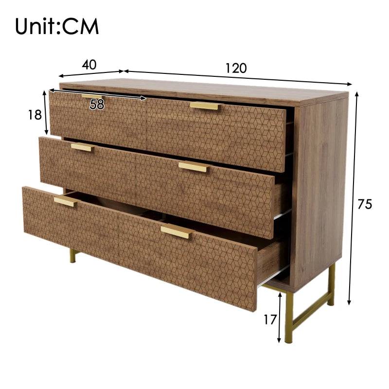 Embossed Wood Chest of Drawers - 6-Drawer Sideboard, Anti-Tip Design, Walnut Finish, 120x40x75 cm for Living Room