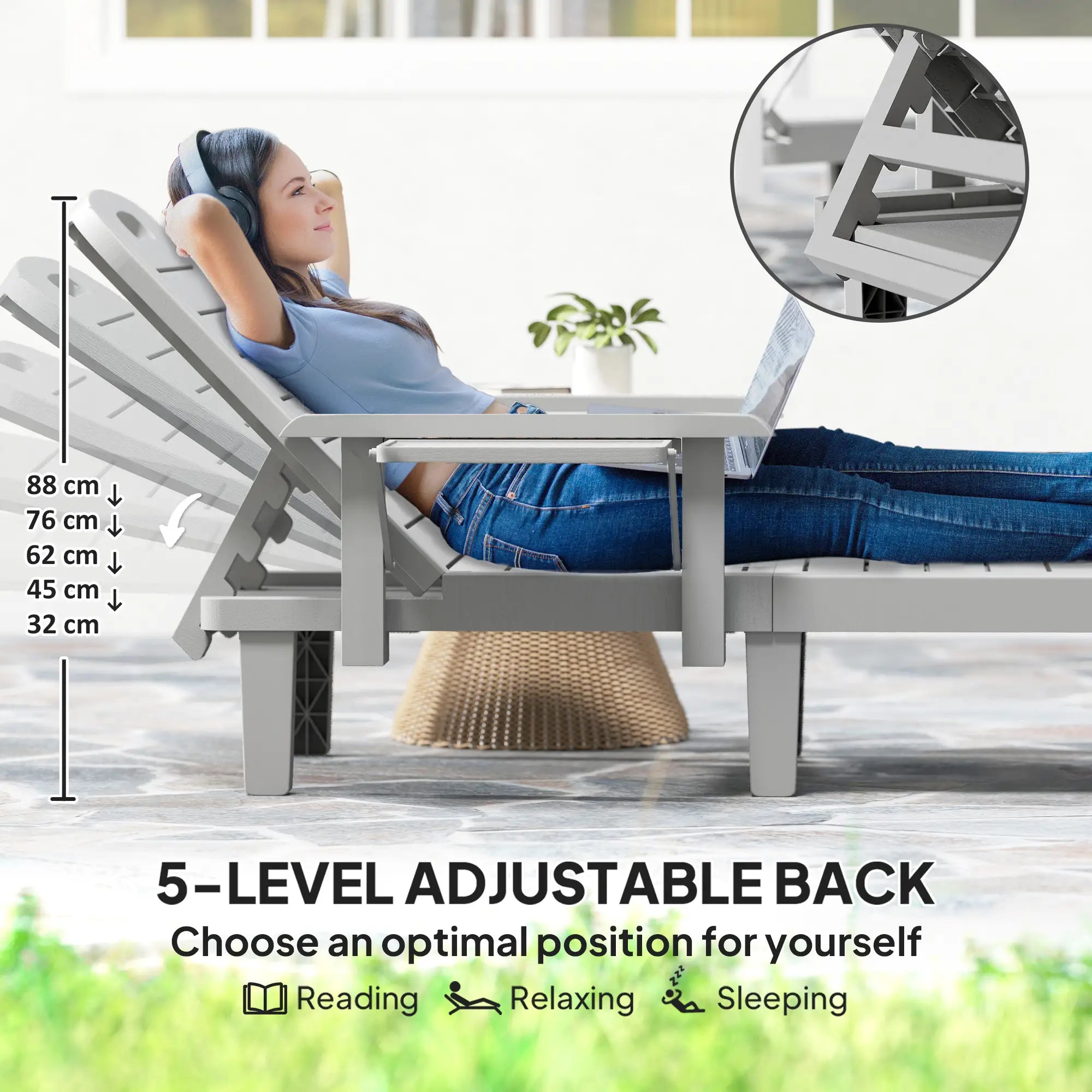 Light Grey Set of 2 Resin Reclining Sun Loungers for Garden - 5 Positions - Adjustable Outdoor Chaise Lounge Chairs
