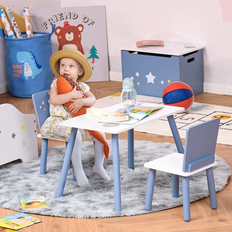 3 Pcs Kids Table & Chairs Set - Safe Corners, Wood Legs, Cute Stars - Mini Furniture for Playroom & Bedroom - Blue