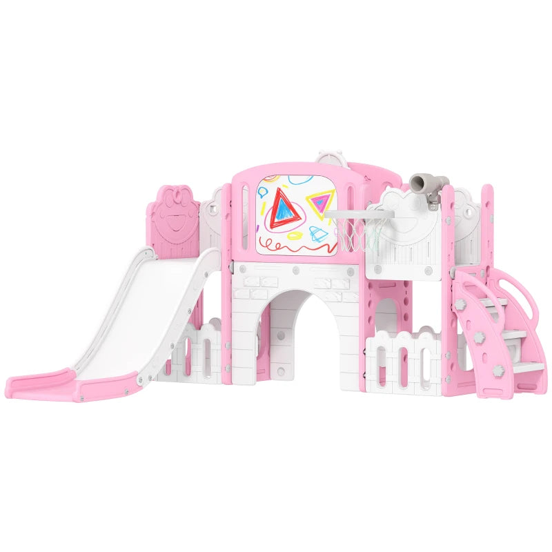 7 in 1 Toddler Slide Set with Basketball Hoop Climbing Frame Telescope Drawing Board Storage Box Pink