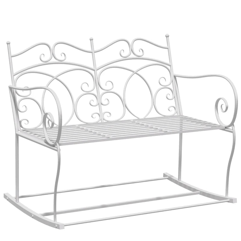 White Steel Rocking Loveseat Bench for Outdoor Gardens - 2 Seater