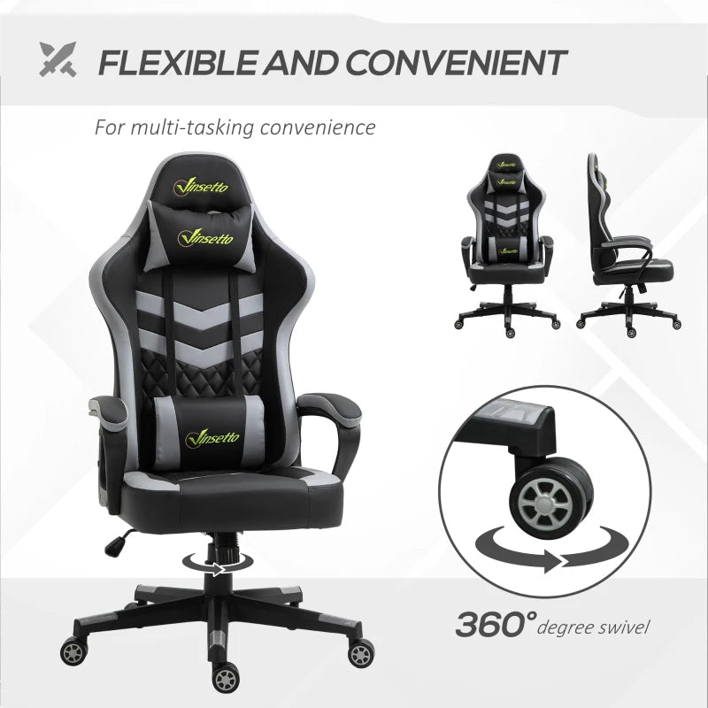 Vinsetto Gaming Chair - Ergonomic Computer Desk Chair with Lumbar Support, Faux Leather, Headrest & Swivel Wheels - Black Grey