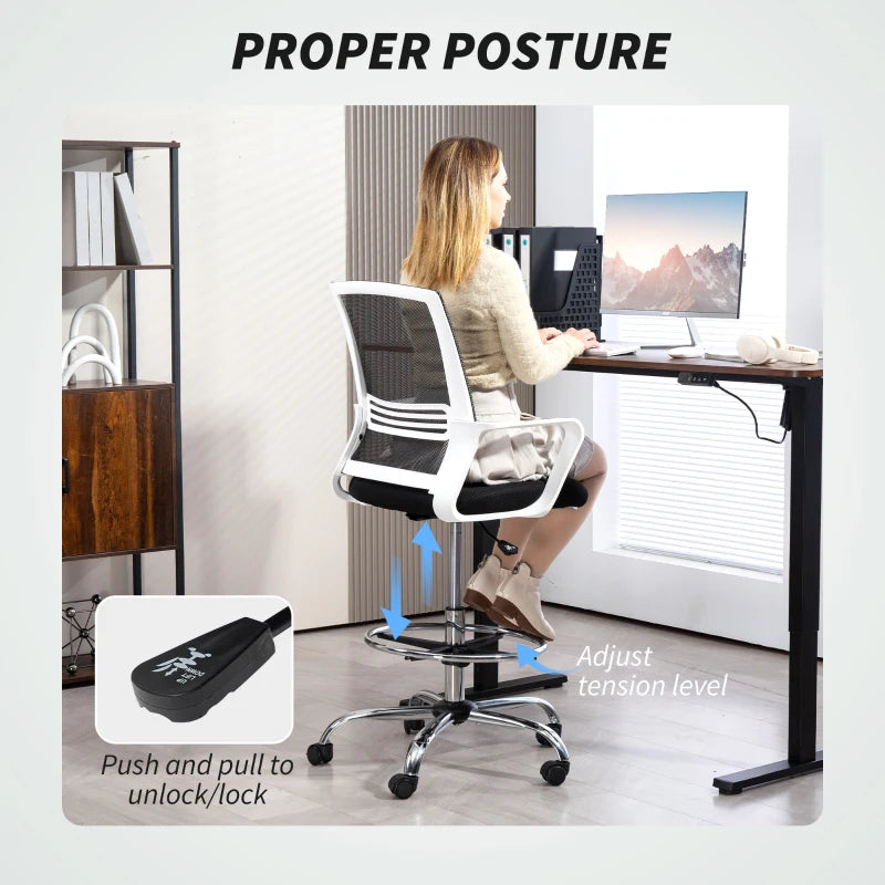 Ergonomic Draughtsman Chair - Mesh Drafting Office Chair with Lumbar Support & Adjustable Foot Ring - Black