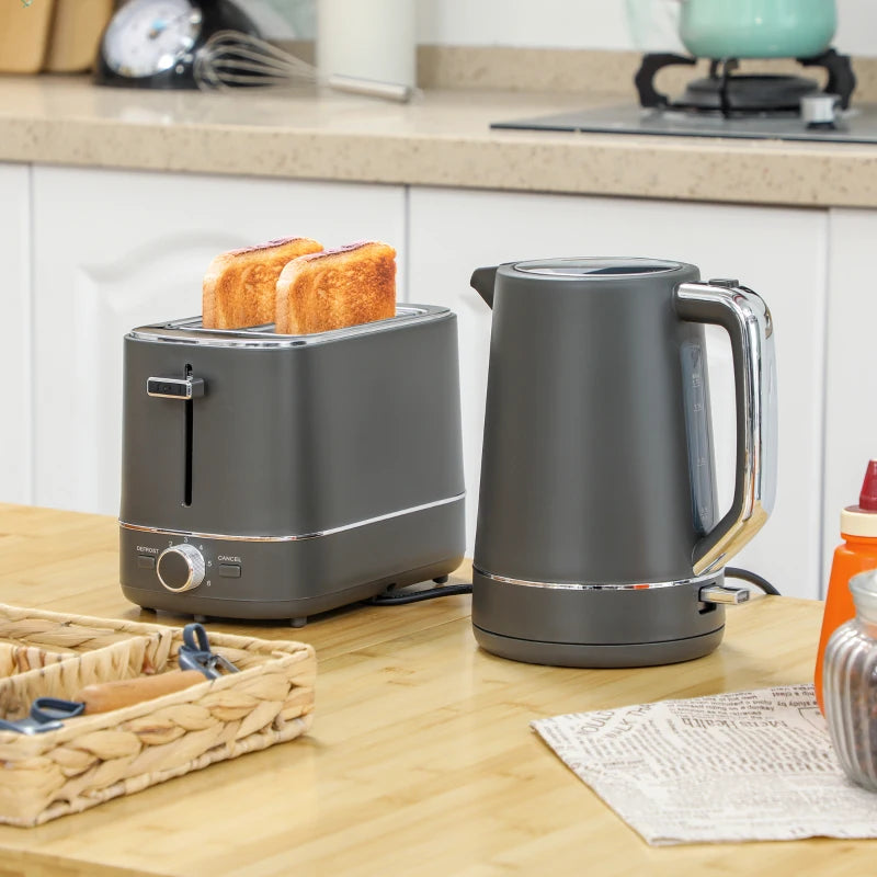 Premium Grey Kettle and Toaster Set - 1.7L Fast Boil 3000W Kettle & 2 Slice Toaster with 6 Browning Levels