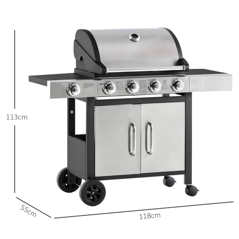 Stainless Steel 4+1 Burner Gas BBQ Grill with Smoker, Side Burner, and Storage Cabinet - Black