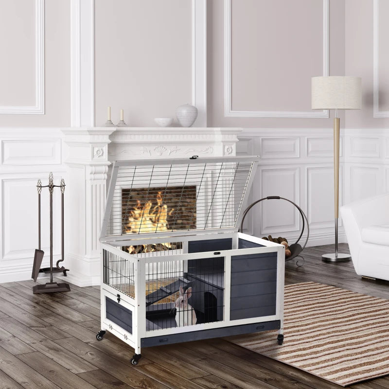Wooden Guinea Pig Hutch & 2-Floor Bunny Cage with Enclosed Run Area - Stylish Grey Pet Home