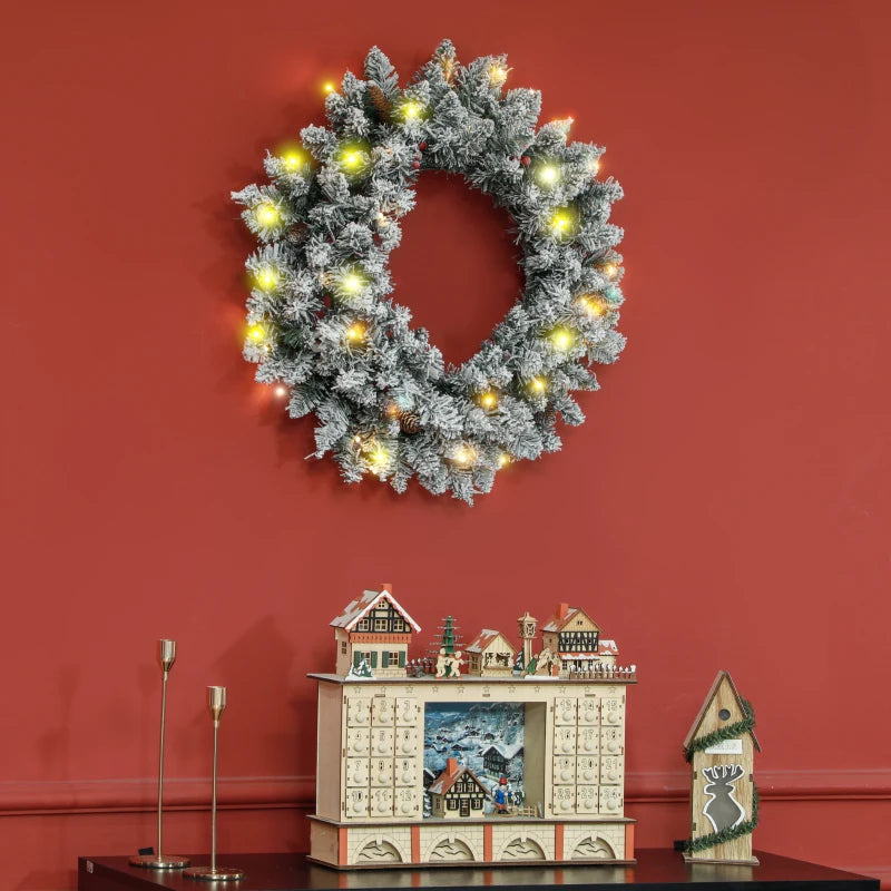 60" Snowy Pine Cone & Berry Christmas Wreath with LED Lights - Festive Holiday Decor for Home & Office