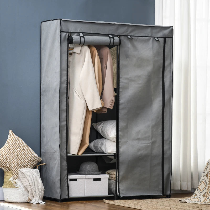 Light Grey Steel Frame Fabric Wardrobe with Rail and Shelves for Organized Storage