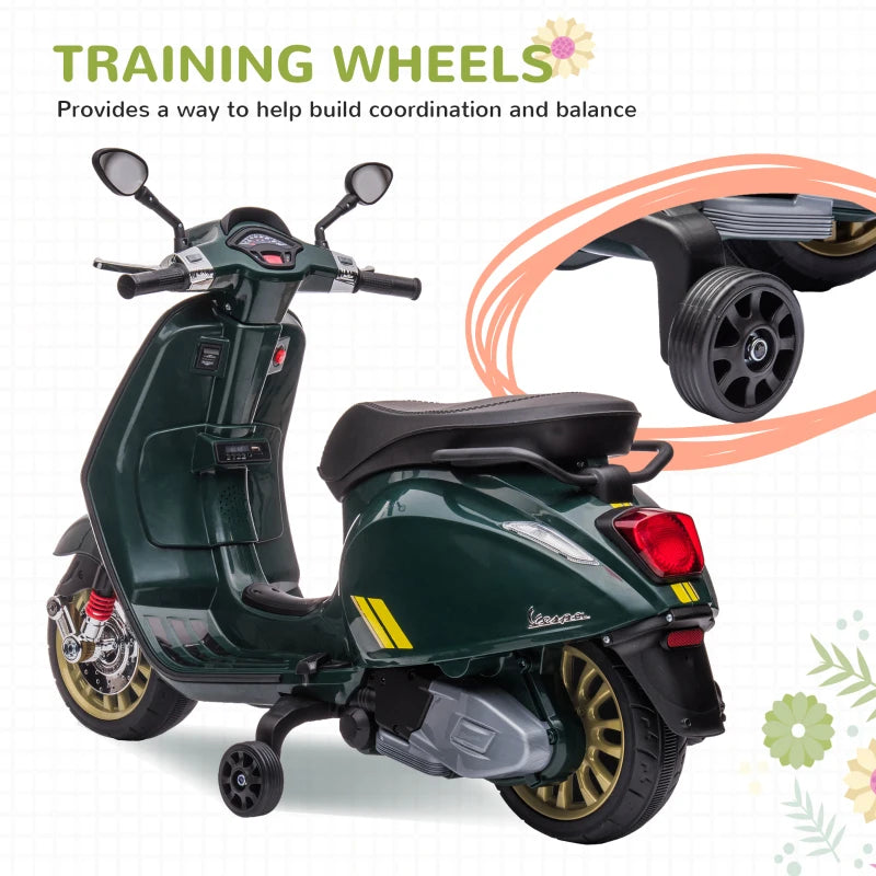 12V Licensed Kids Electric Vespa Motorbike with Music Headlights FM Radio for Ages 3-6 Green