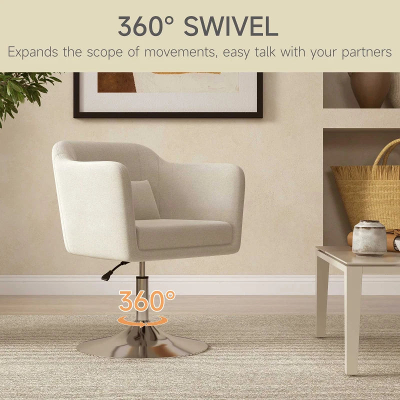 Modern Cream White Accent Chair with Swivel Base & Adjustable Height Arms, Cozy Pillow for Living Room & Bedroom