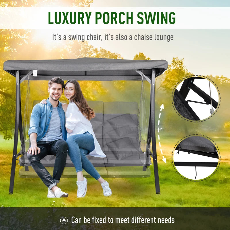 Grey Padded 3-Seater Outdoor Swing Hammock with Canopy