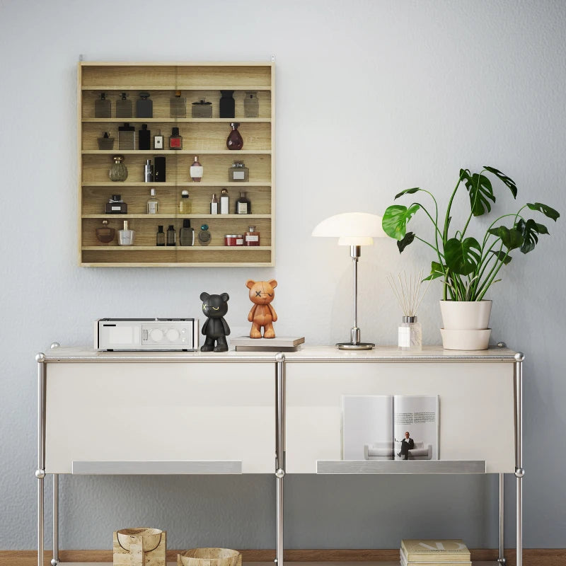 Elegant Oak Six Shelf Display Cabinet with Glass Doors - Perfect for Home Decor and Storage Solutions
