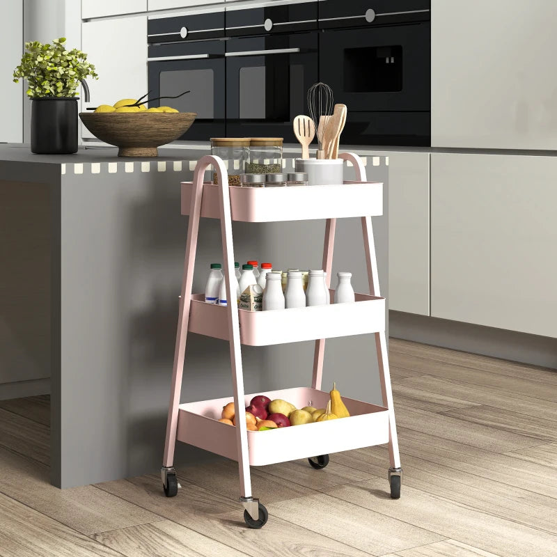 Pink Three-Tier Storage Trolley - Stylish Rolling Cart for Organizing Home, Office, or Kitchen - Versatile and Functional Design