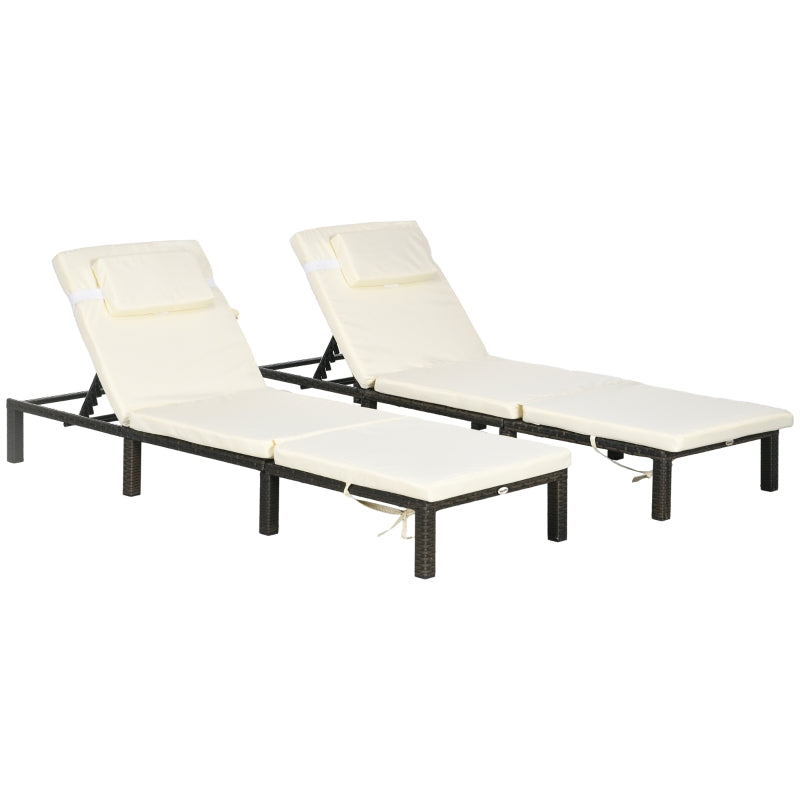 Brown/Cream Reclining Rattan Sun Loungers Set with Cushions