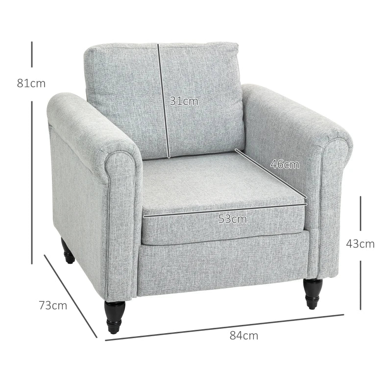 Vintage Upholstered Accent Chair with Back Pillow and Rolled Arms, Light Grey, Rubber Wood Legs