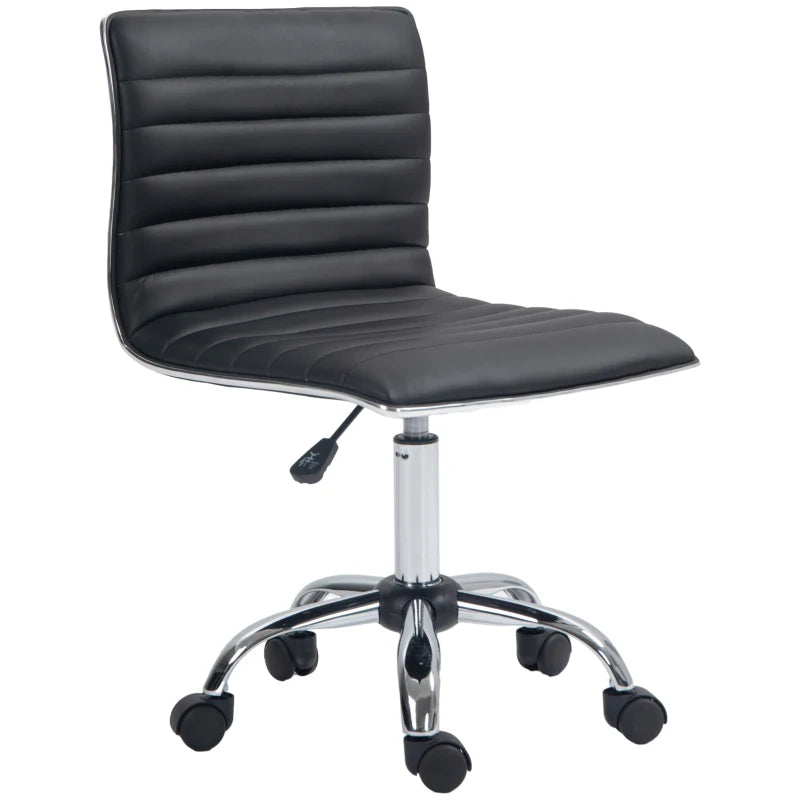 Armless Swivel Task Desk Chair with Faux Leather Adjustable Height Chrome Base and Wheels for Home Office Black