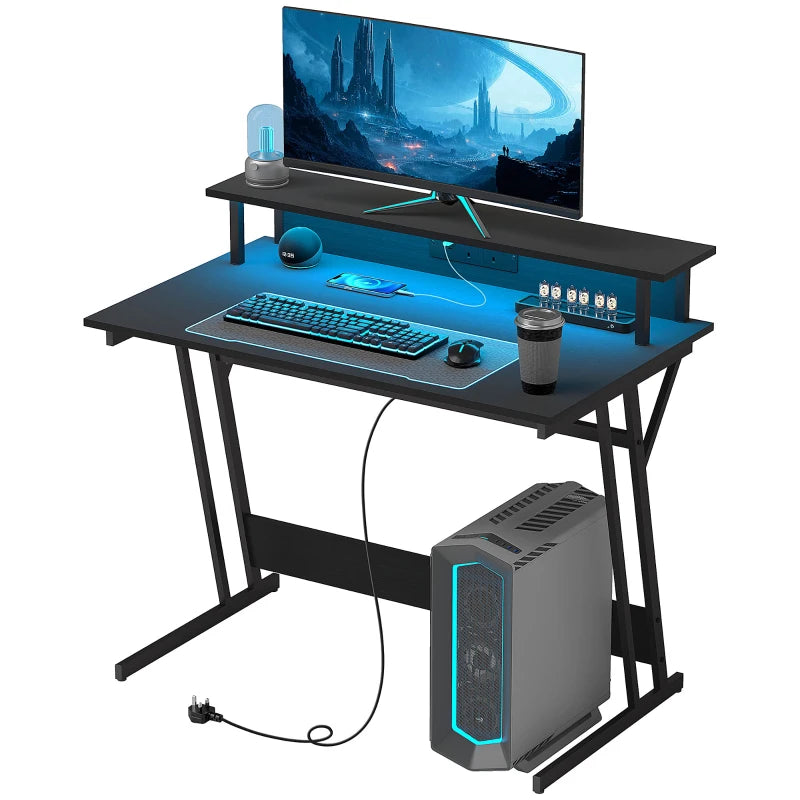 Two-Level LED Gaming Desk - Black | Modern Ergonomic Design with RGB Lighting for Ultimate Gaming Experience