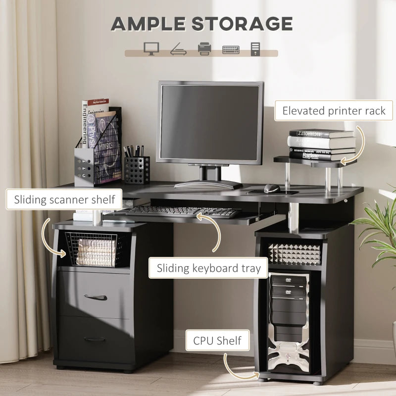 Modern Black Computer Desk with Keyboard Tray, CPU Shelf, Drawers & Sliding Scanner Shelf - Ideal Office Workstation