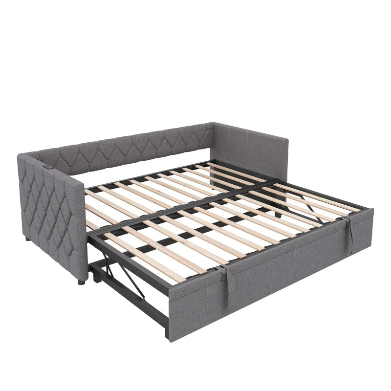 Upholstered Daybed with USB & Type-C Ports, Button-Tufted Trundle Bed for Bedroom & Study, Grey, 206L x 193W x 71H cm
