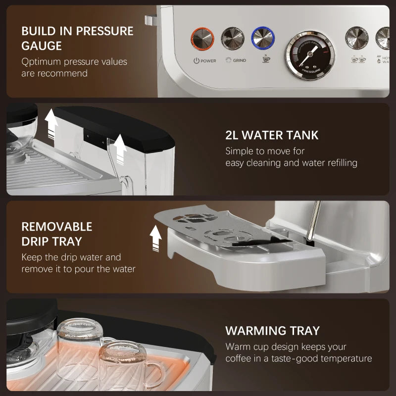 15 Bar Silver Coffee Machine with Adjustable Grind, Steamer & Accessories - Perfect for Espresso Lovers