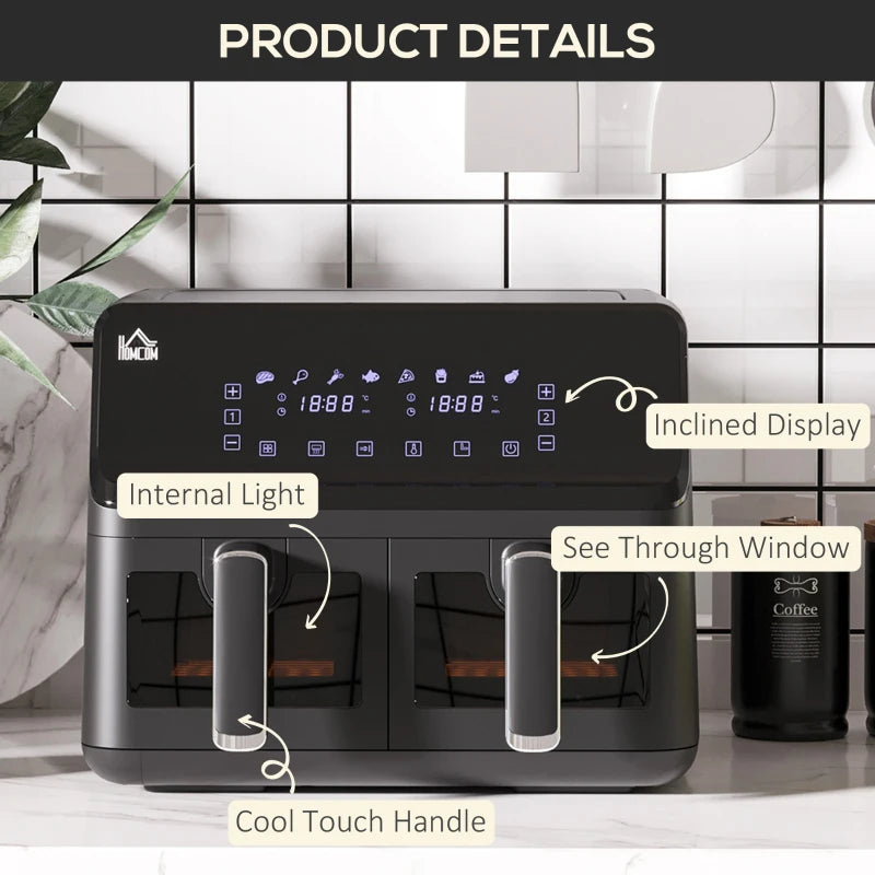 8L Dual Basket Air Fryer - 8-in-1 Digital Oven, 2500W, Timer, Preheat, Oil-Free Cooking, Silver Finish