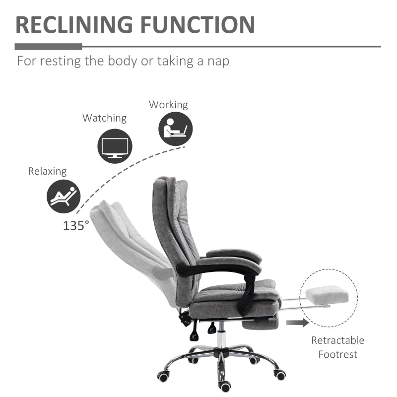 Vinsetto Grey Microfibre Home Office Chair - Reclining Desk Chair with Armrests, Swivel Wheels & Footrest