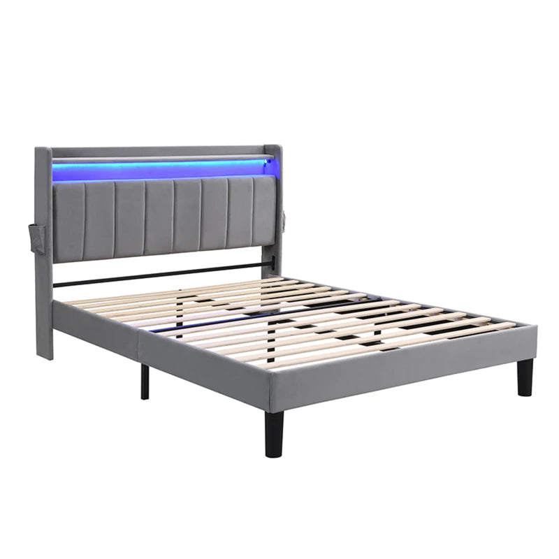 Velvet Upholstered Double Bed with Storage & LED Light Strip, 4 USB Ports, Grey - 204L x 140W x 107H cm
