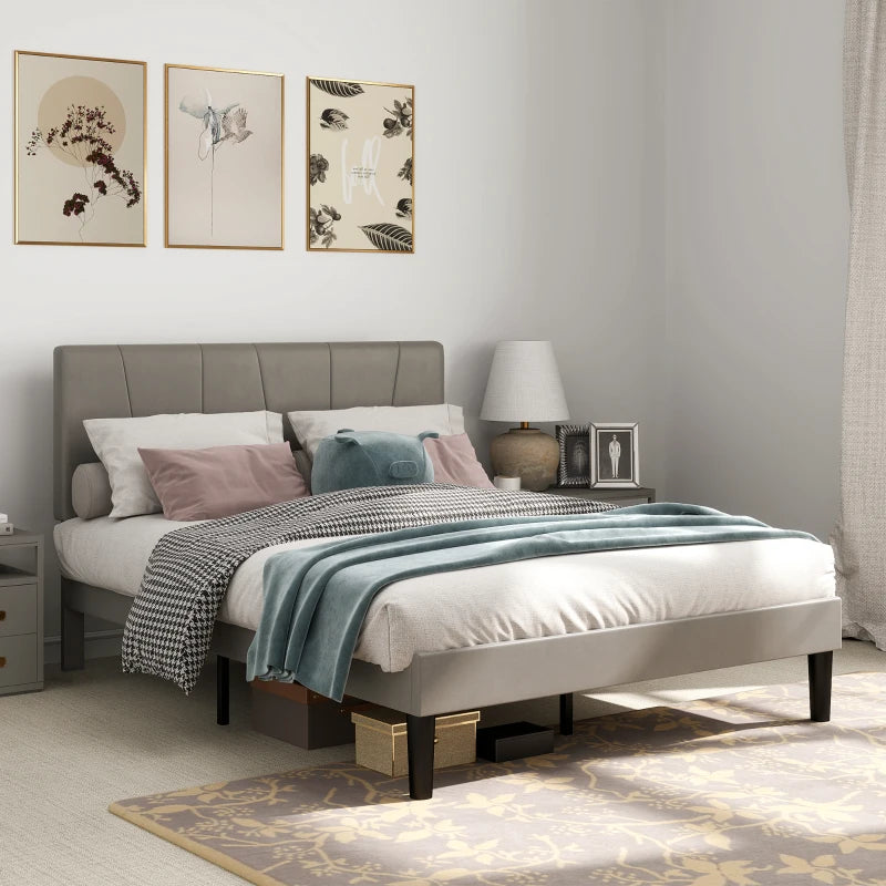 Luxurious King Size Bed Frame with Velvet Headboard Stylish Grey Design 161x208x121cm